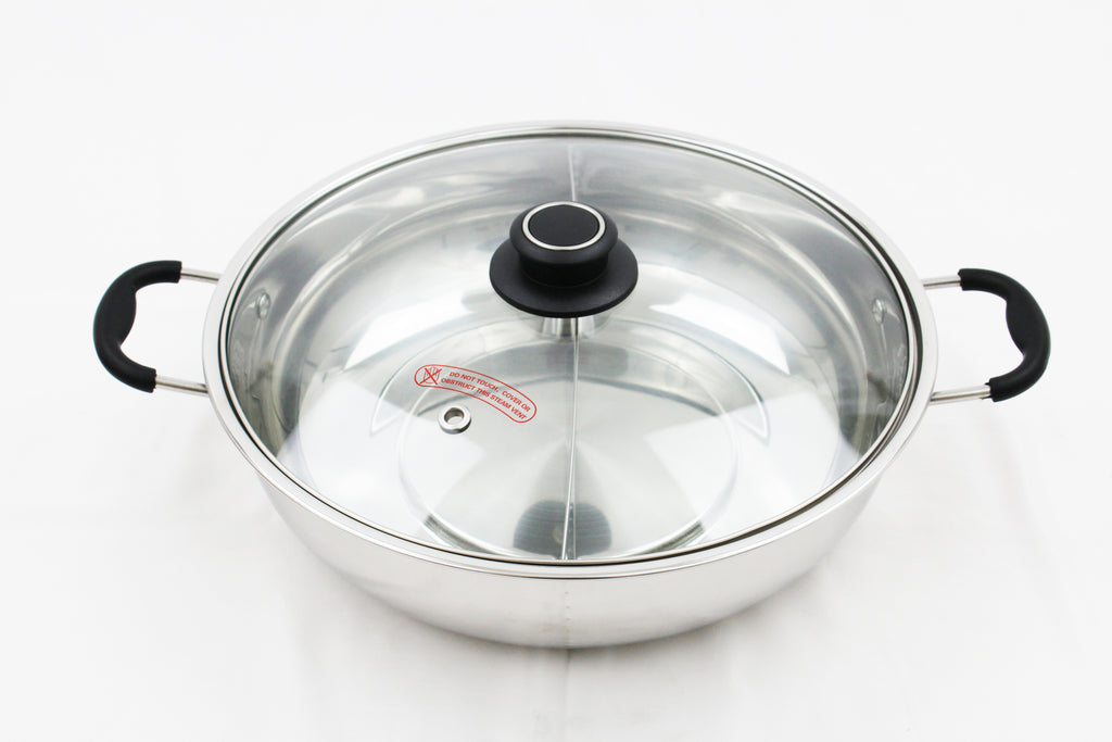 12 Inch Stainless Steel Pot Hot Pot Shabu Shabu Dual Site Divider with  Glass Lid