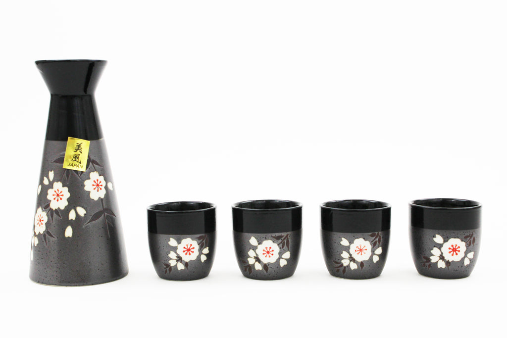 BOSILI Ceramic Japanese Sake Set 1 Sake Bottle and 4 Sake Cups 5 Pieces  Black Cherry Blossom Style for Sake White Wine(Black)